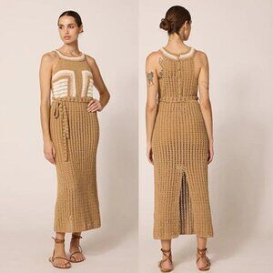 NEW Cleobella Kiana Crochet Fitted Slit Button Tie Waist Midi Dress Beige